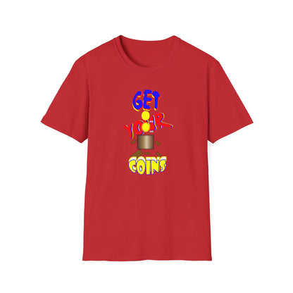 Get Your Coins T-Shirt — Retro Arcade Gaming Tee with Coin-Op Robot Graphic
