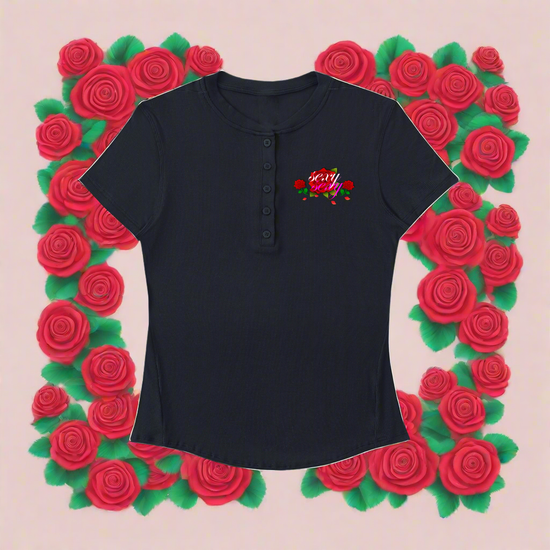 Modal Bodycon Henley Shirt – Sexy Rose & Big Heart Print for Wome