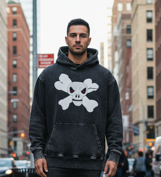 Skully Skull Snow Wash Hand-Frayed Heavyweight  Hoodie