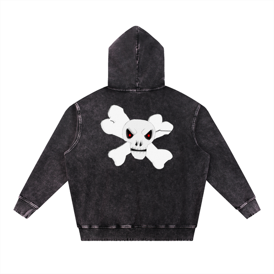 Skully Skull Snow Wash Hand-Frayed Heavyweight  Hoodie