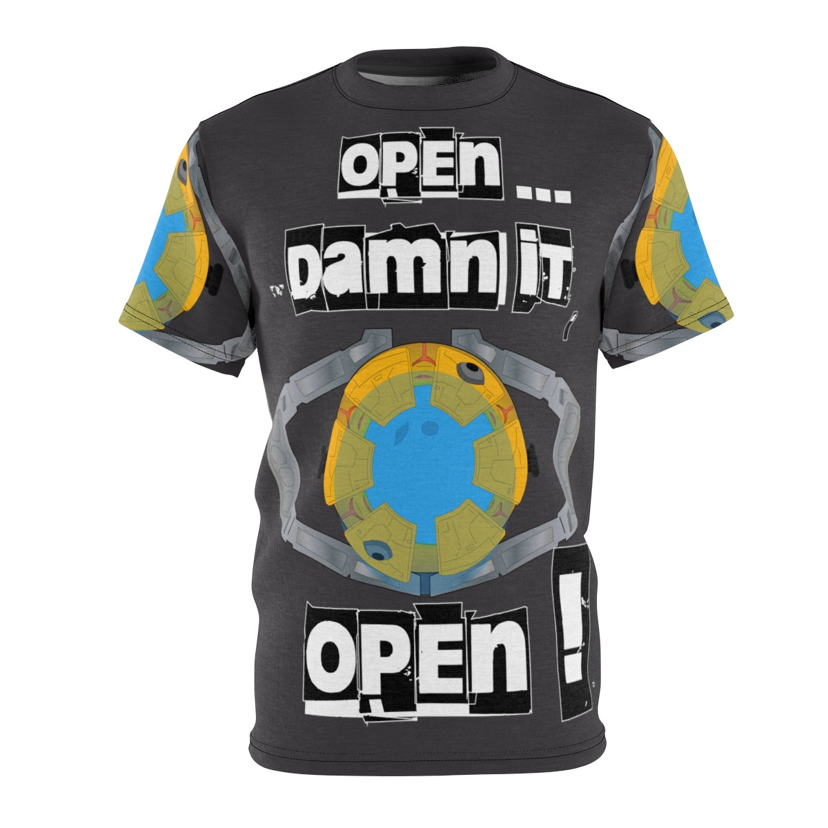 Open damn it open!Unisex AOP Cut & Sew Tee